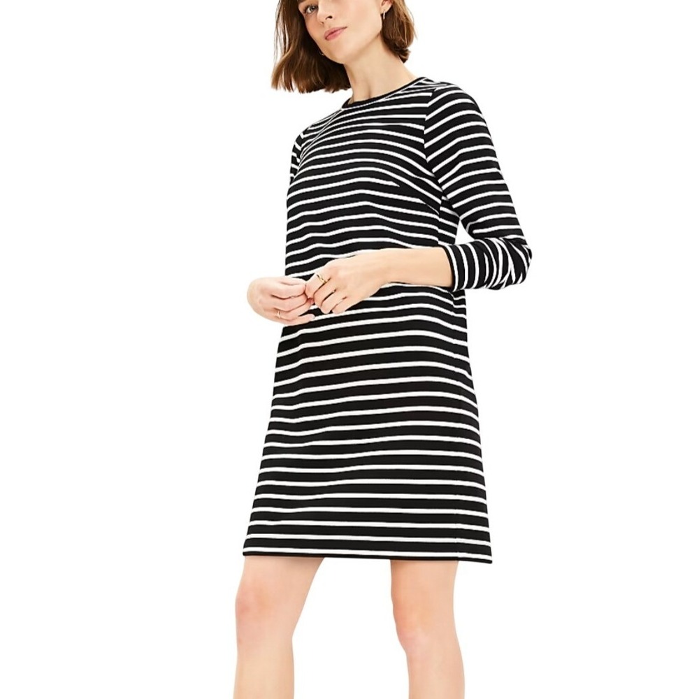 Loft Womens XL Black White Striped Long Sleeve Shift Dress Preppy Office Casual